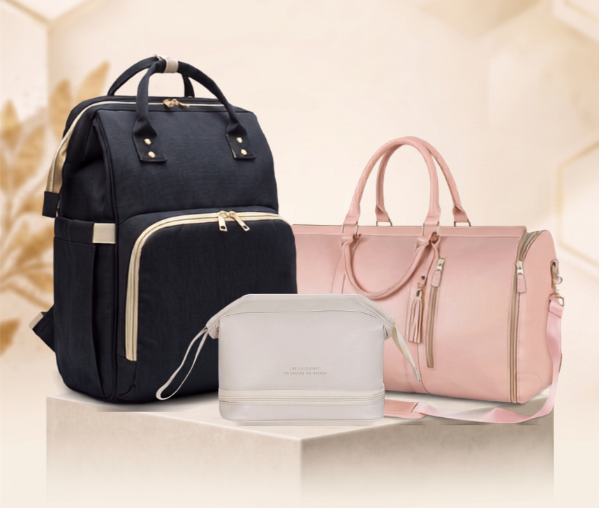 Three bags displayed together on a pedestal against a warm beige background with geometric patterns and the text 'BAGS Designed for every moment.' A dark navy backpack, a light pink duffel bag, and a small white pouch are shown.
