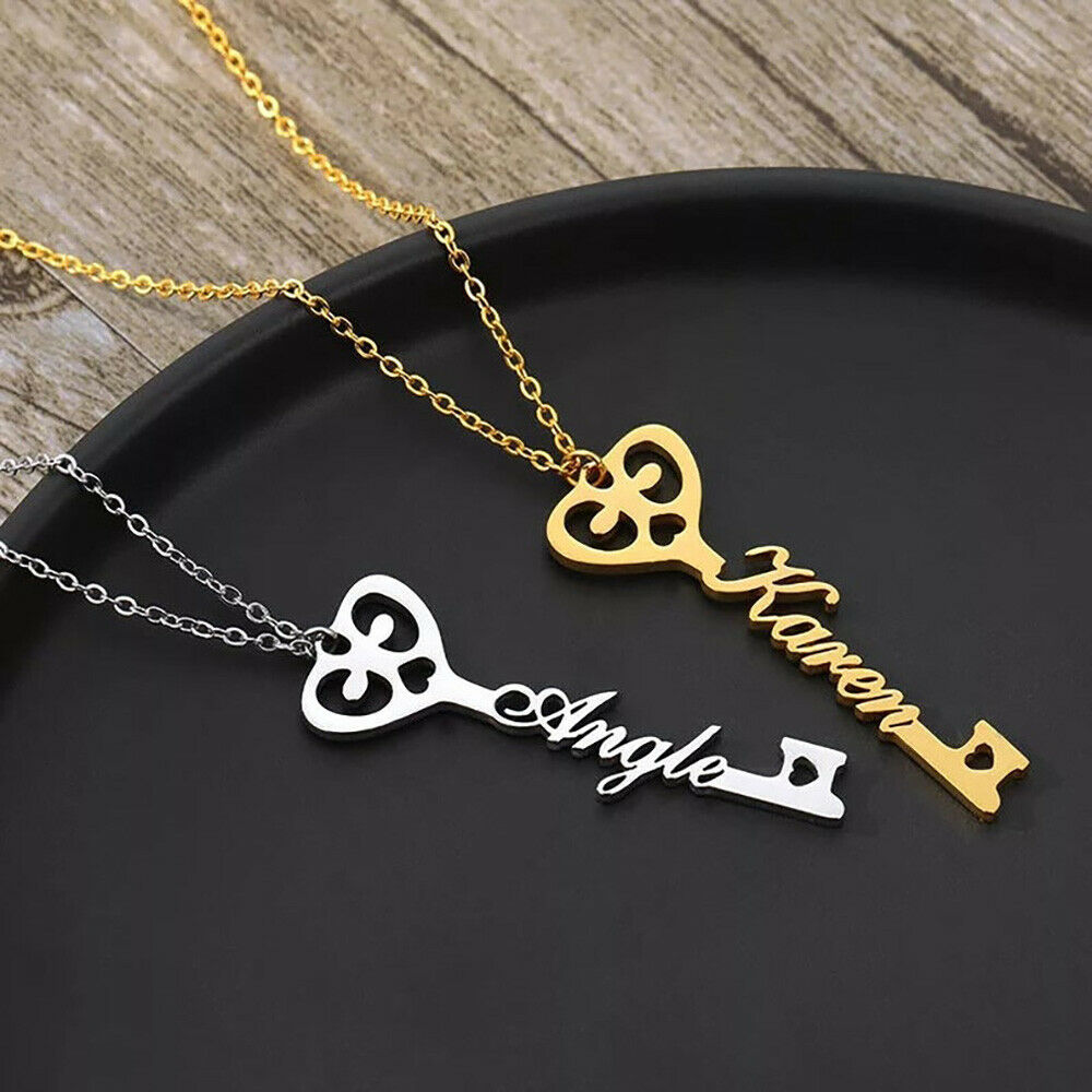 Custom Key Shaped Name Necklace Women's Stainless Steel Vertical Pendant Jewelry Couple Necklace - Gold - front view