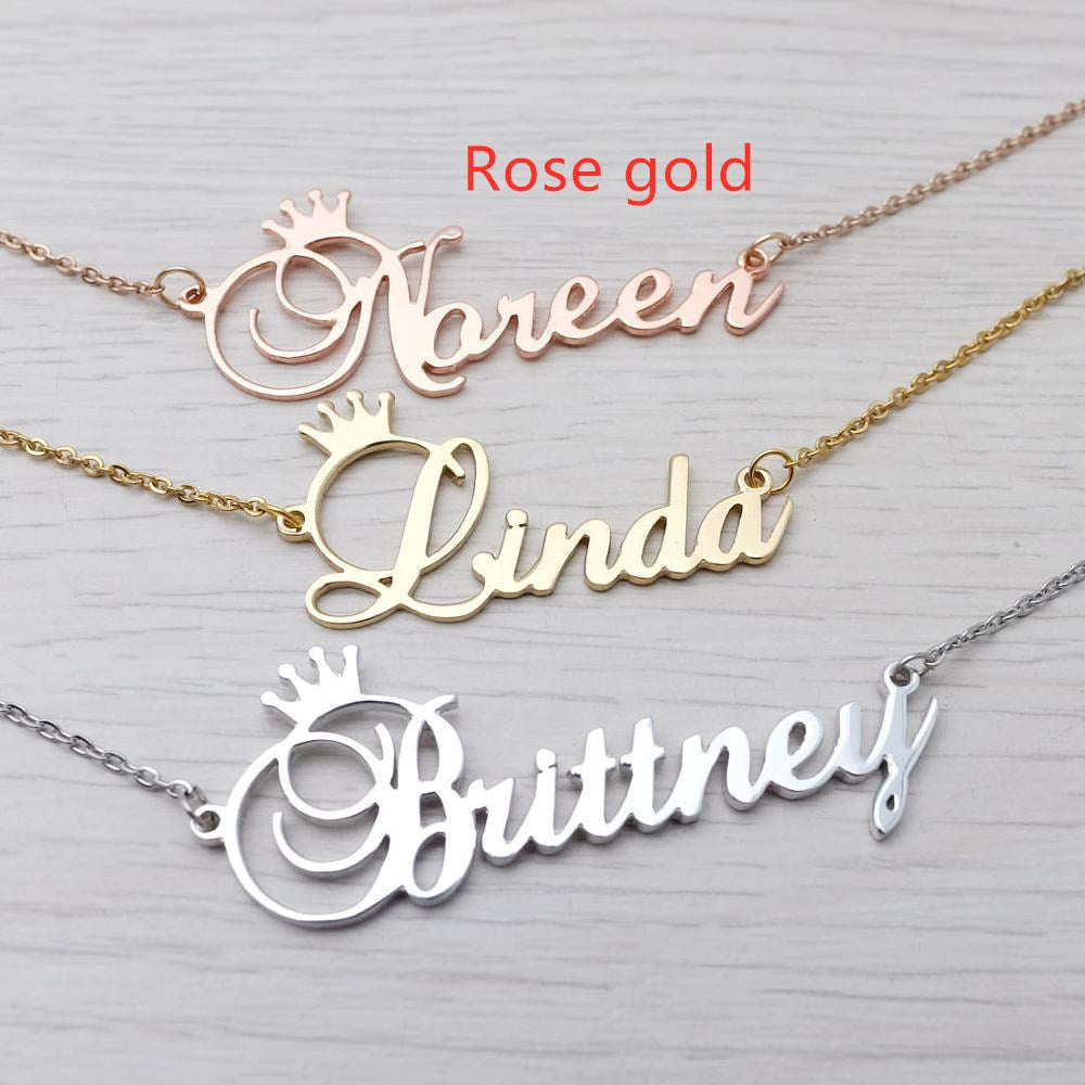 Stainless steel name letter custom crown necklace metal jewelry - Rose gold - color option displayed