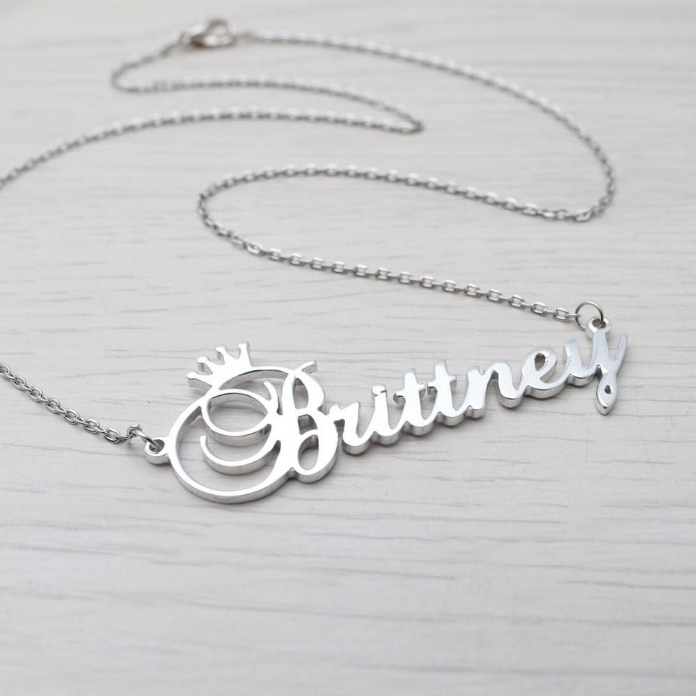 Stainless steel name letter custom crown necklace metal jewelry - Silver - worn styled shot