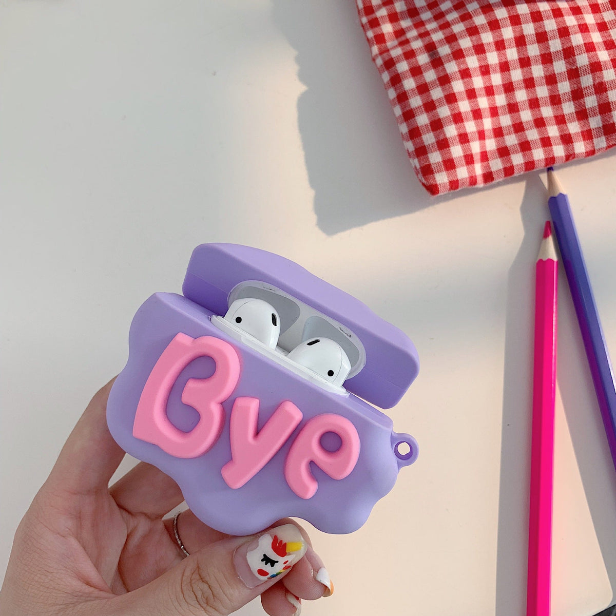 AirPod 2 Case 3D HI BYE Cloud Letter Cartoon Soft Silicone Wireless Earphone Cases For Airpods Case Cute Cover - Pink - side view
