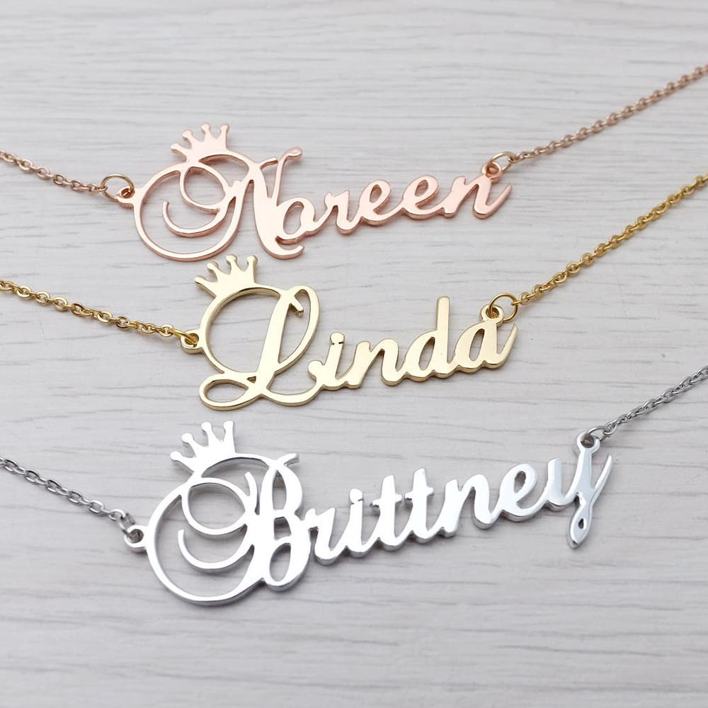 Stainless steel name letter custom crown necklace metal jewelry - Gold - front view