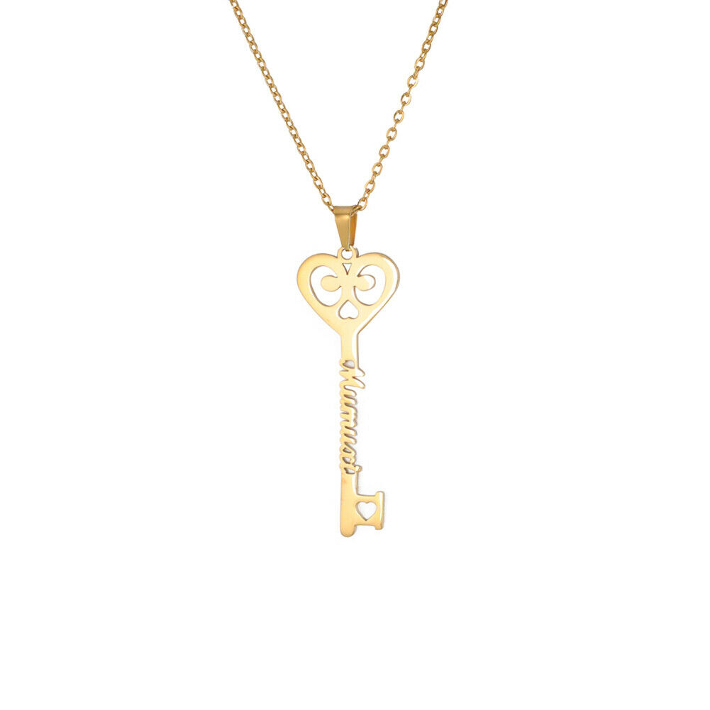 Custom Key Shaped Name Necklace Women's Stainless Steel Vertical Pendant Jewelry Couple Necklace - Silver - worn styled shot