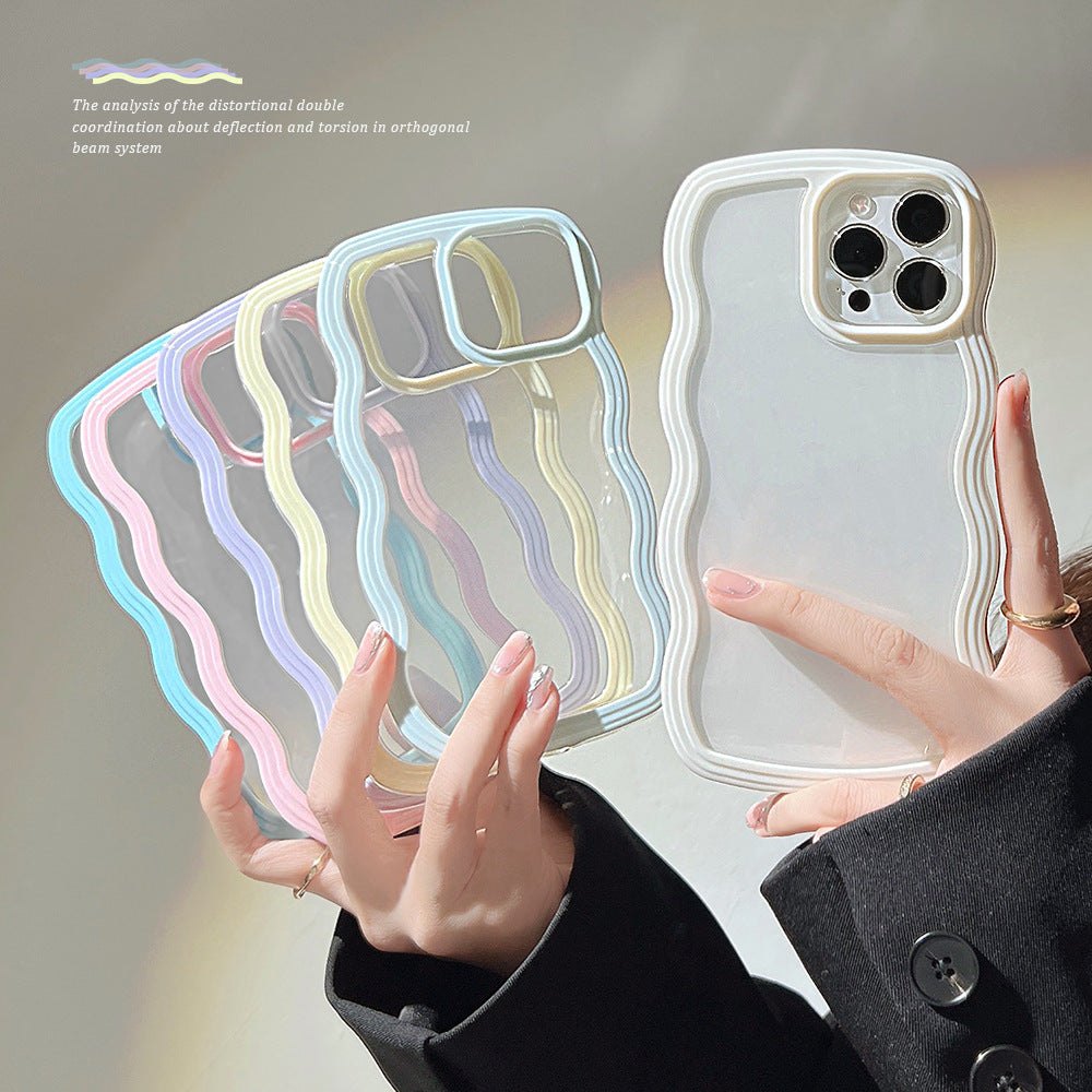 Wave Border Mobile Phone Case Solid Color Simple Candy Color - Pink - size comparison