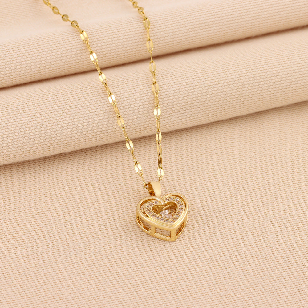 Double-layer Love Necklace With Rhinestones Titanium Steel Pendant Fashion Jewelry Woman Valentines Day Gift - 8018 Smart Love - side view