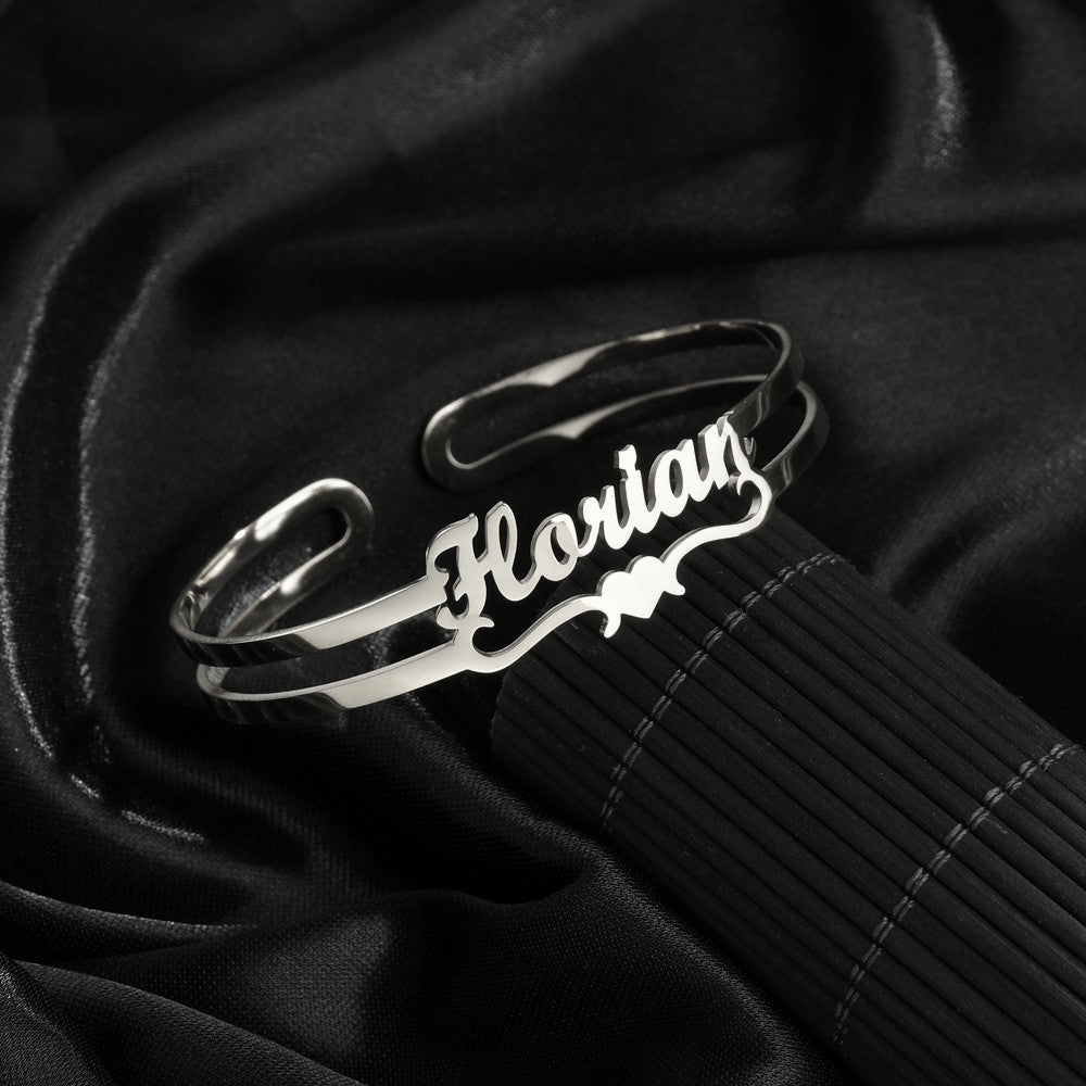 Customized Name Cuff Bracelet - Personalized Bangle, Multiple Widths & Styles - Bracelet 1 - detail close-up