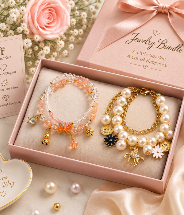 Women's Crystal Stone & Pearl Flower Bracelet Set – Elegant Gift Collection