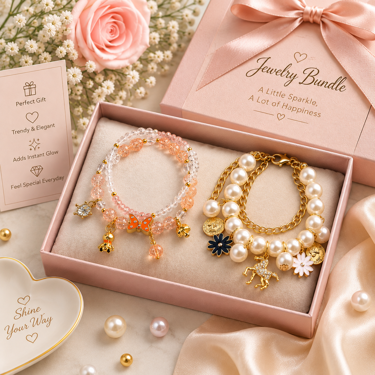Women's Crystal Stone & Pearl Flower Bracelet Set – Elegant Gift Collection