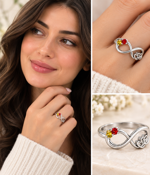 Silver infinity heart ring with red and yellow birthstone accents