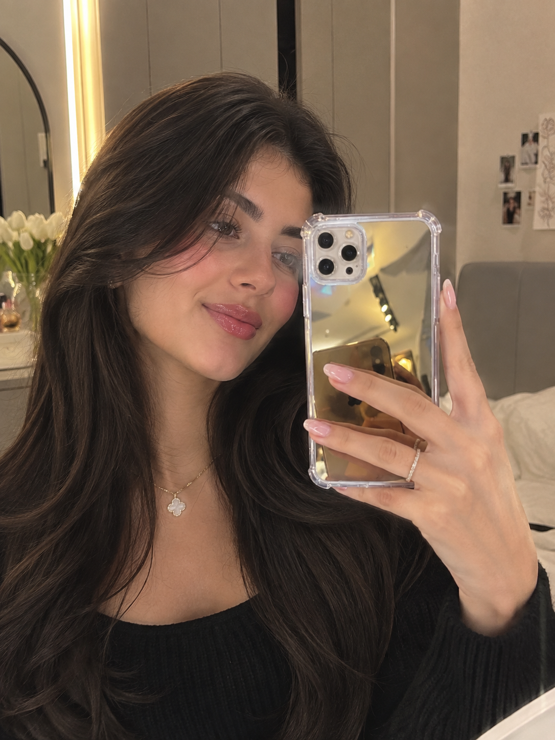 Gold mirror iPhone phone case with clear edges and camera cutouts