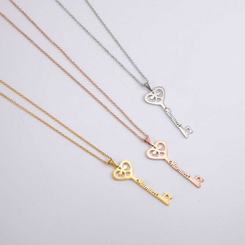 Custom Key Shaped Name Necklace Women's Stainless Steel Vertical Pendant Jewelry Couple Necklace - Silver - side view