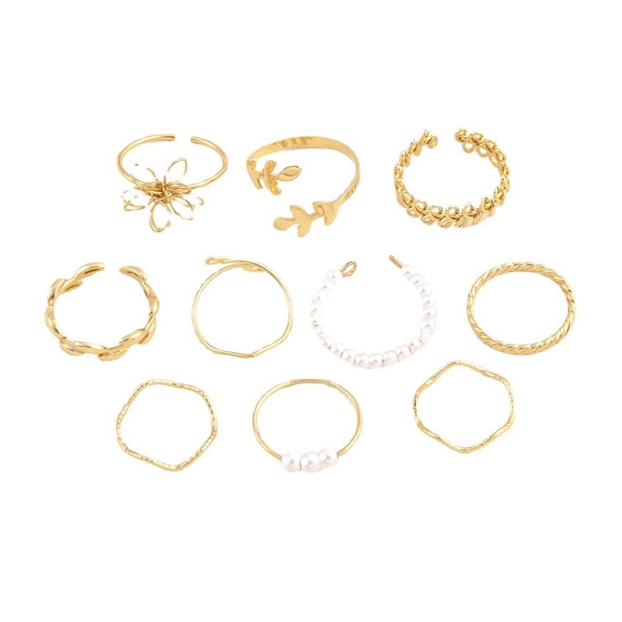 Openwork Flower Ring Set – Glossy Gold Stacking Rings