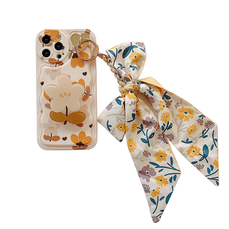 Autumn Floral Bow Scarf Phone Case – Elegant iPhone Cover
