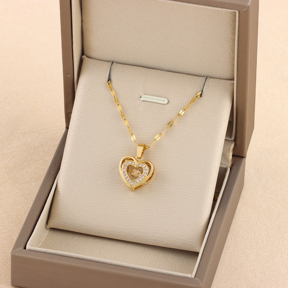 Double-layer Love Necklace With Rhinestones Titanium Steel Pendant Fashion Jewelry Woman Valentines Day Gift - Set - detail close-up