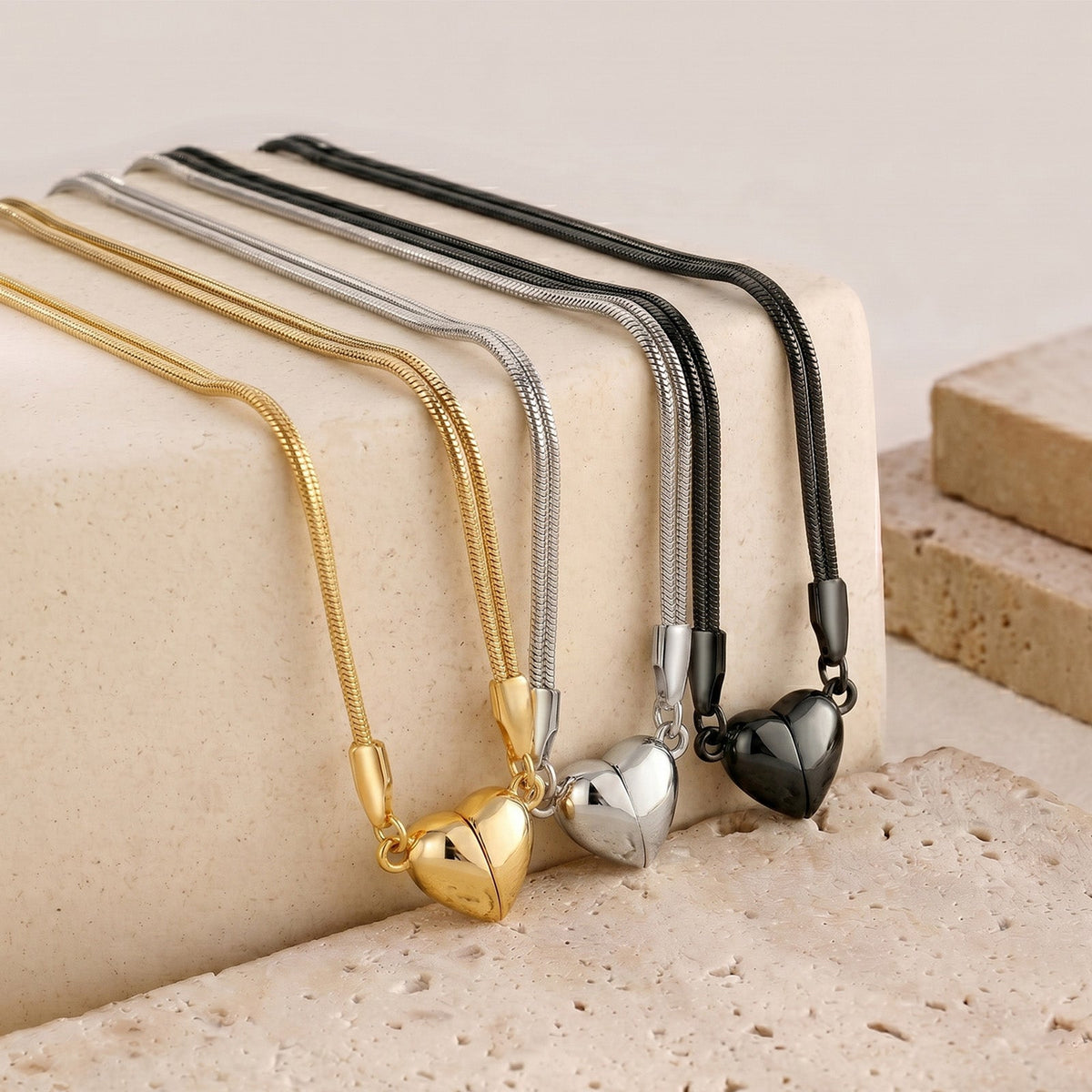 Magnetic Heart Necklace For Couples Stainless Steel Snake Chain Matching Relationship Necklaces Two Souls One Heart Magnet Pendant Jewelry Anniversary Gifts For Him Her - Gold - front view